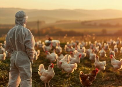 photorealistic scene poultry farm with people chickens