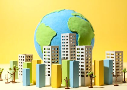 paper style earth globe with buildings