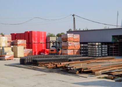 temryuk russia september 15 2017 construction site with various materials construction metal pipes channels grids concrete construction brick